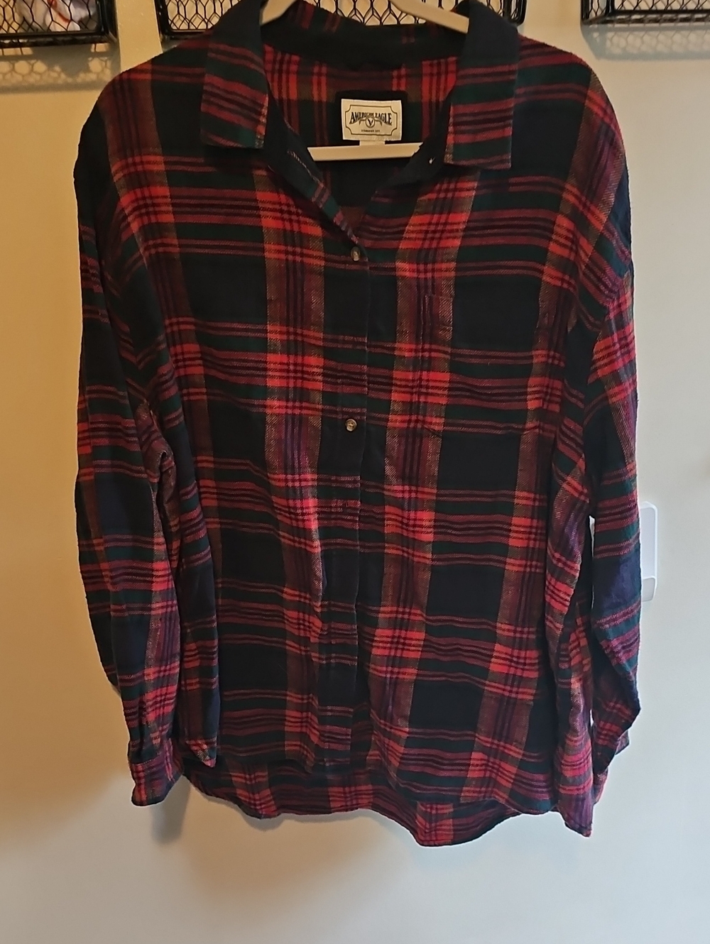 American Eagle  Red , Green And Blue Plaid Button-Down Shirt